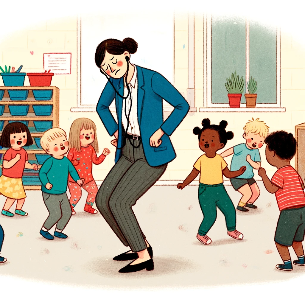 A preschool teacher dancing awkwardly during music time, surrounded by children. The teacher is in the middle of a dance move, looking both happy and a bit awkward, while the children are dancing around energetically. The scene is lively and fun, capturing the joyous chaos of a preschool music session. A caption at the bottom of the image reads: 'Dance like the toddlers are watching.' The image conveys the light-hearted and playful atmosphere of a preschool, with a focus on the teacher's endearing and slightly awkward dance moves.