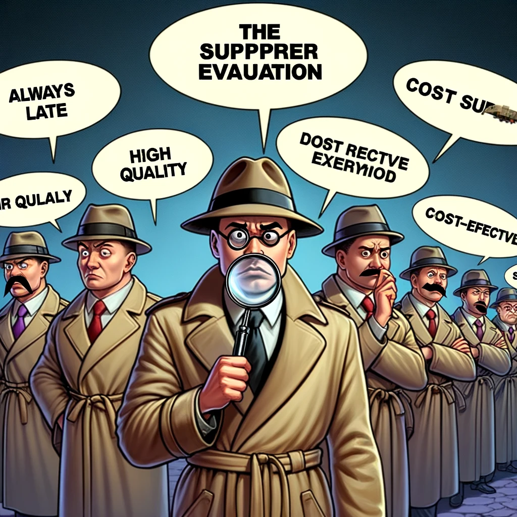 "The Supplier Evaluation" Meme: A procurement professional dressed as a detective with a magnifying glass, inspecting a line-up of characters representing different suppliers. Each character has exaggerated traits like "Always Late", "High Quality", "Cost-Effective", humorously emphasizing the diverse attributes suppliers may have.