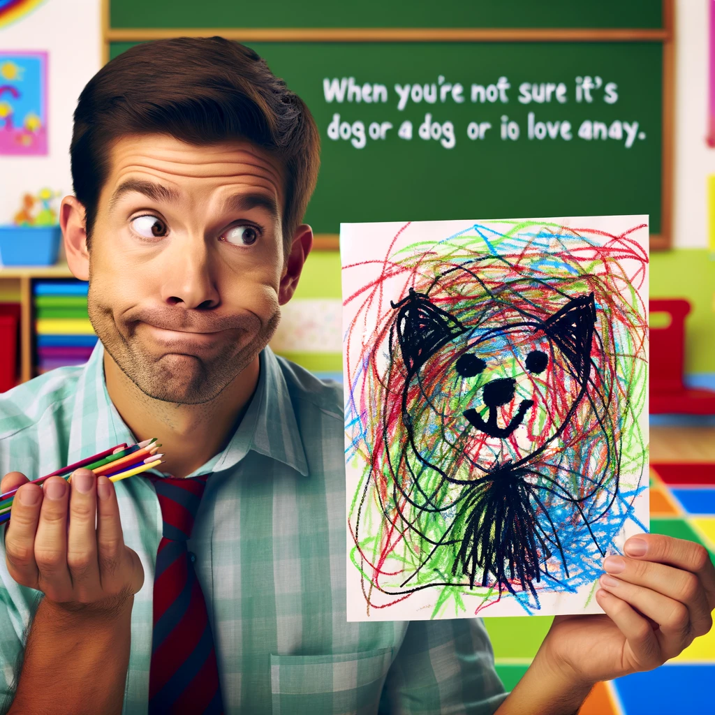 A preschool teacher with a confused expression, holding a child's abstract drawing that is a colorful, indiscernible scribble. The drawing could be interpreted as a dog or a spaceship. The caption says: "When you're not sure if it's a dog or a spaceship, but you love it anyway." The setting is a cheerful classroom, and the teacher's expression is a mix of puzzlement and affection.