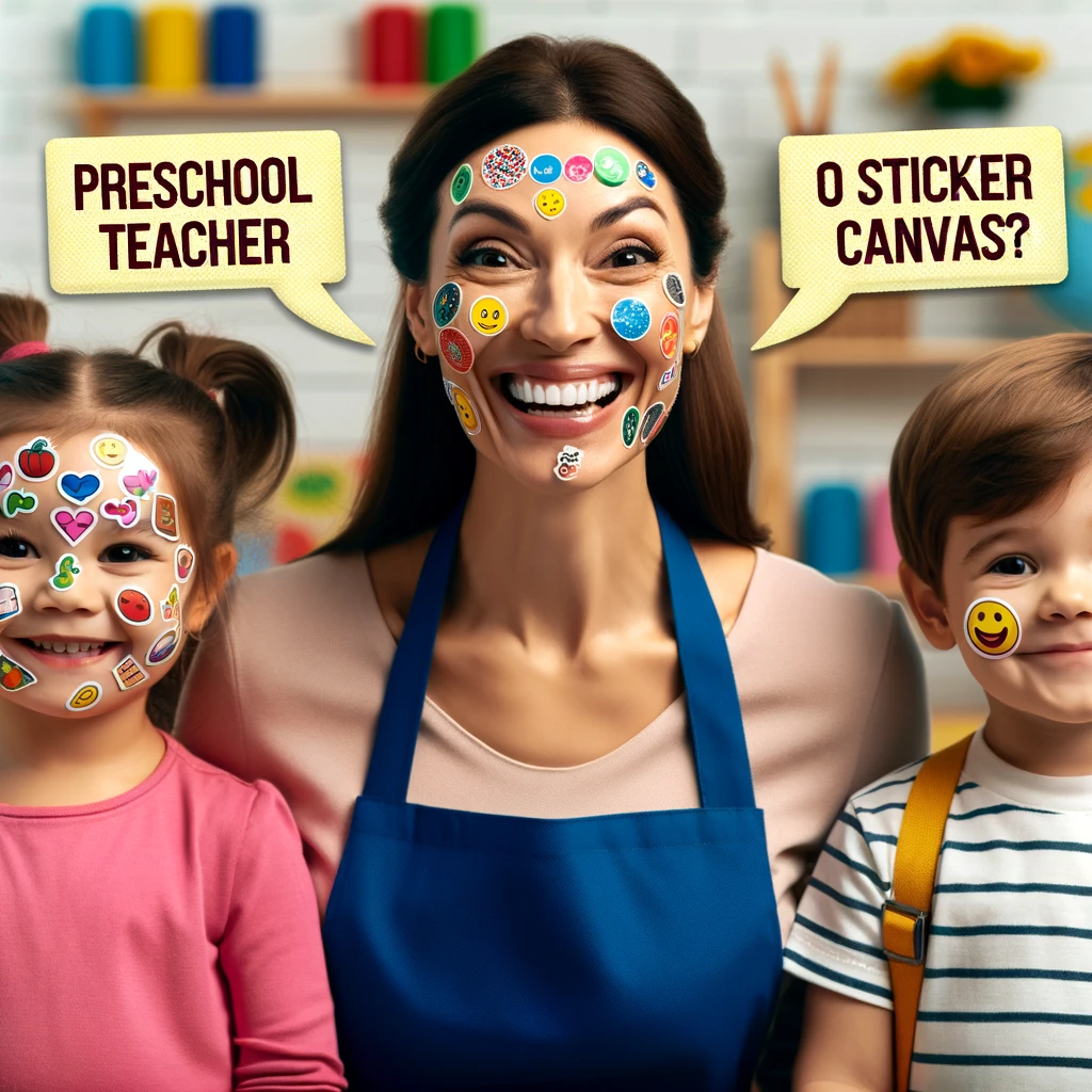 A preschool teacher smiling with a face covered in stickers, captioned: "Preschool teacher or sticker canvas?"