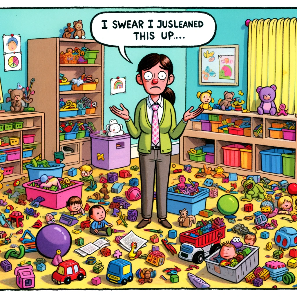A preschool teacher completely surrounded by toys, with a look of mild despair, captioned: "I swear I just cleaned this up..."