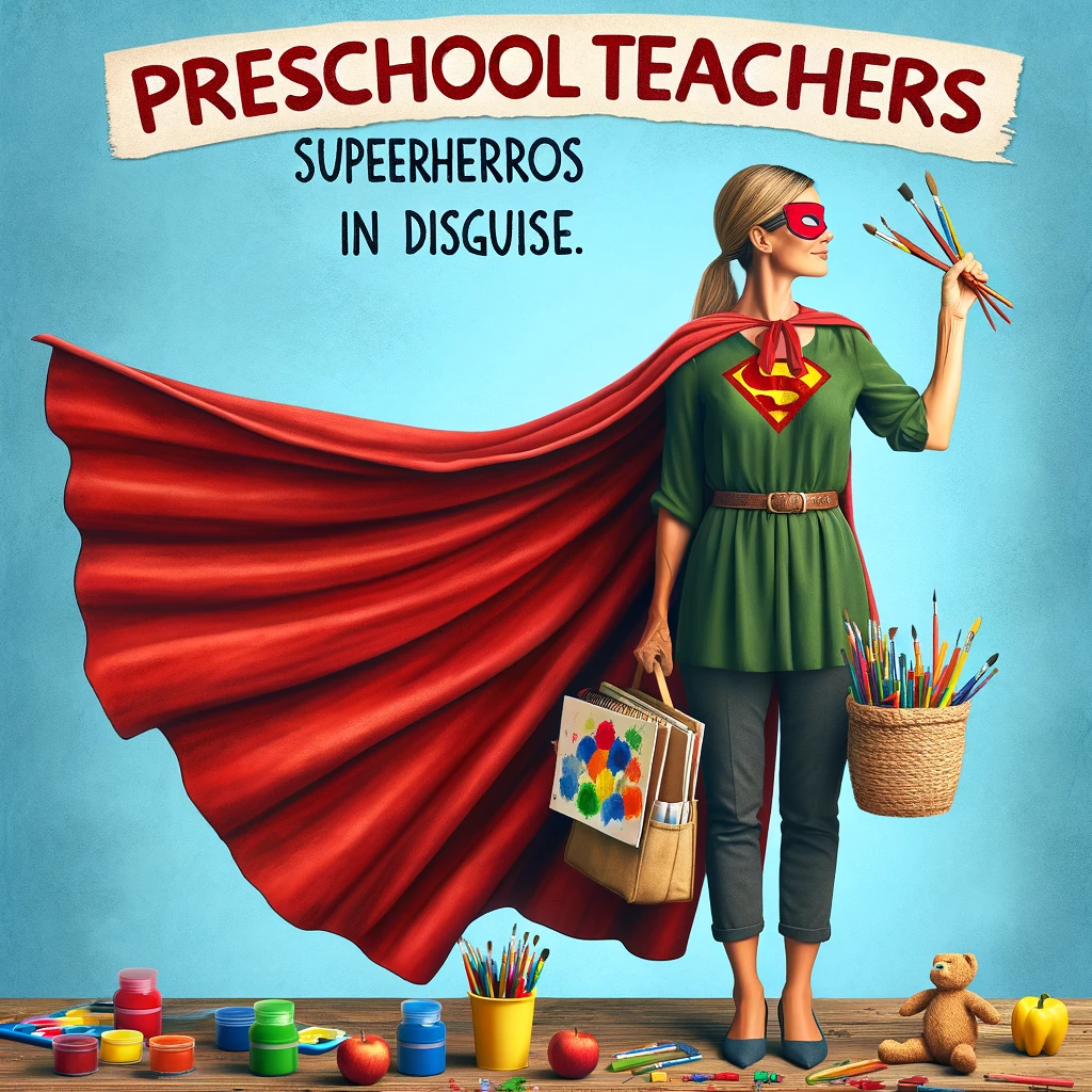 A preschool teacher standing heroically with a superhero cape and art supplies in hand, captioned: "Preschool teachers: superheroes in disguise."
