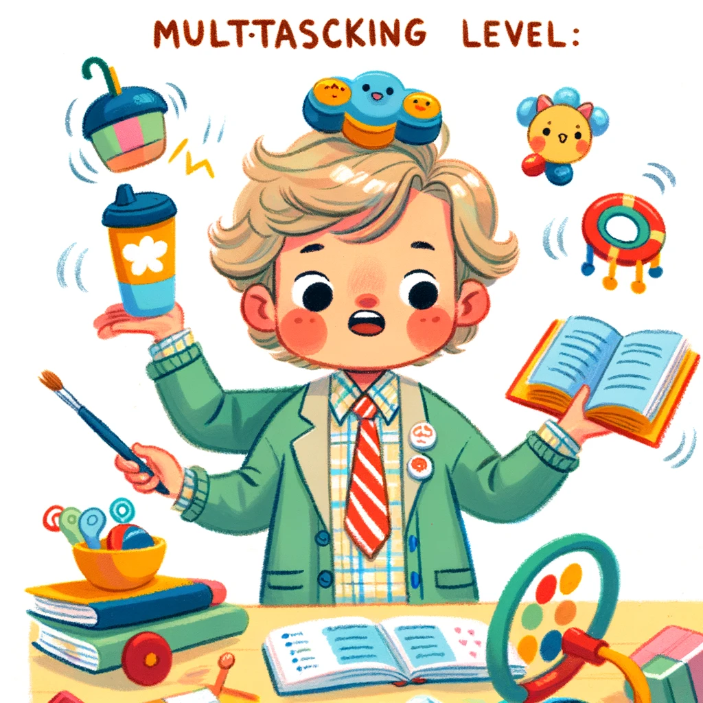 A preschool teacher with a frazzled expression juggling a sippy cup, toy, and a book, captioned: "Multitasking level: Preschool Teacher."