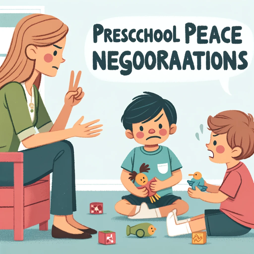 A preschool teacher calmly mediating a dispute between two children arguing over a toy, captioned: "Preschool peace negotiations."