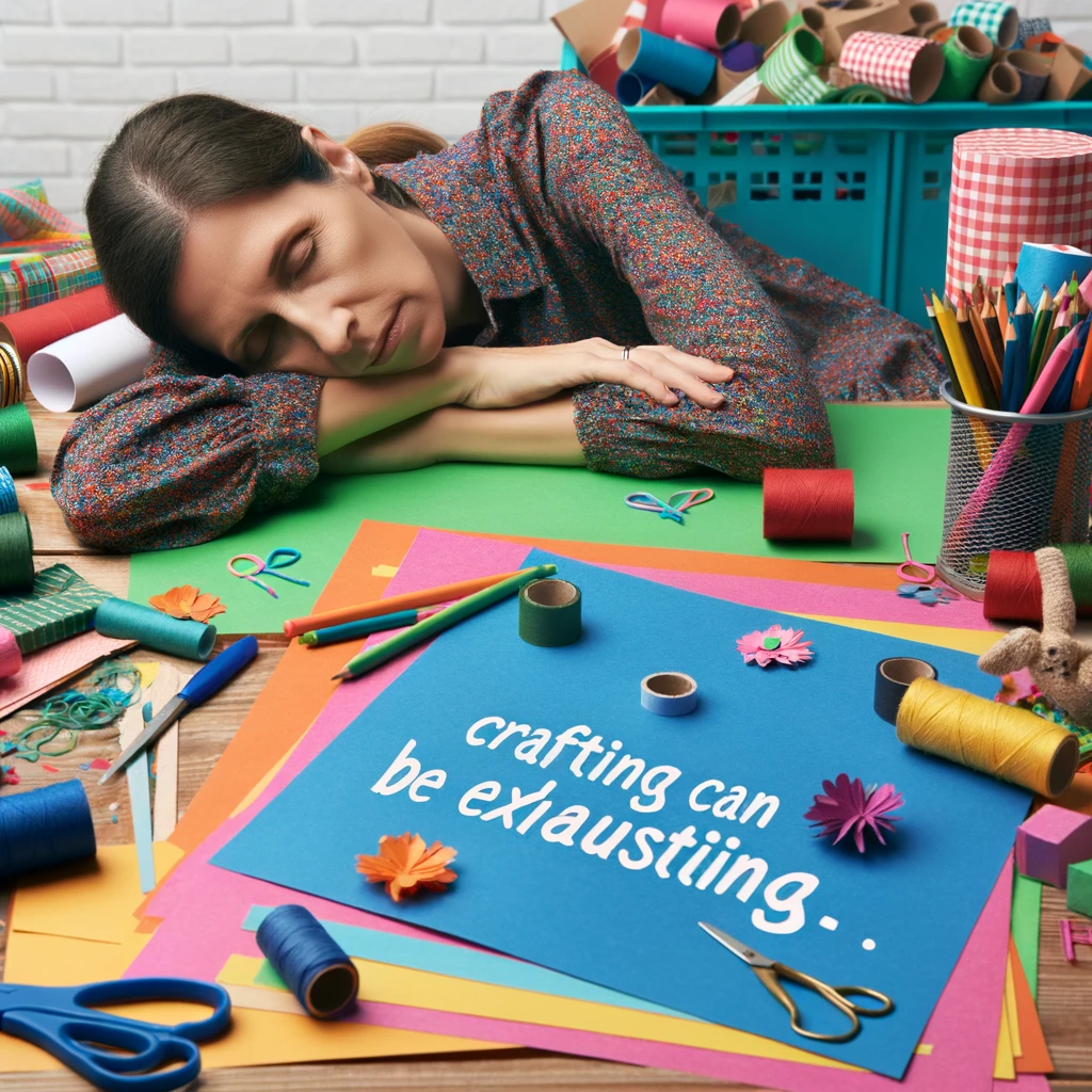 A preschool teacher asleep on a pile of construction paper, completely exhausted, surrounded by craft supplies, captioned: "Crafting can be exhausting."