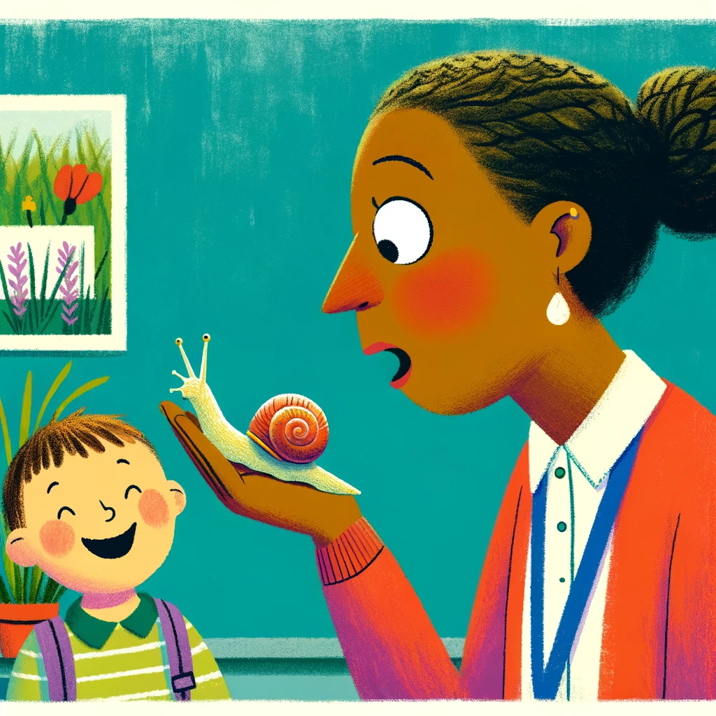 A preschool teacher with a surprised expression, holding a snail in her hand. The teacher looks shocked and slightly amused, standing in a classroom setting. A child stands nearby, grinning and pointing at the snail. The scene captures a humorous and unexpected moment during a nature day activity at school. The image should have a caption at the bottom that reads: "Nature Day surprises." The style should be colorful, playful, and cartoon-like, appealing to a sense of humor and the whimsical nature of a preschool environment.