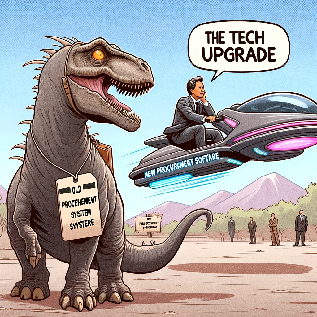 "The Tech Upgrade" Meme: A procurement professional riding a dinosaur labeled "Old Procurement System", looking enviously at a colleague zooming past on a futuristic hoverbike labeled "New Procurement Software". The scene humorously contrasts the outdated and modern systems, emphasizing the desire for technological advancement.