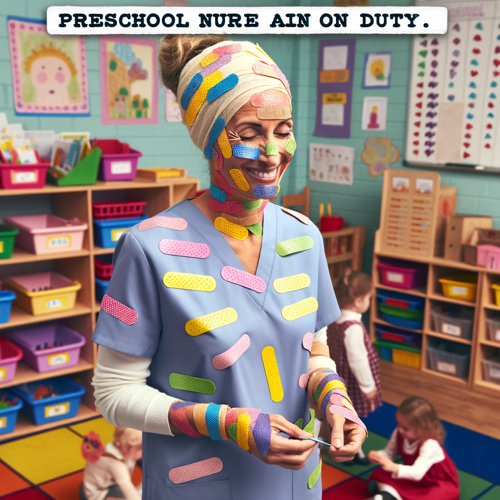 A preschool teacher covered in multiple colorful band-aids, attending to tiny, nonexistent injuries. The teacher wears a light-hearted, slightly overwhelmed expression. The classroom setting is vibrant, with children's artwork and educational materials visible. The image is captioned: "Preschool nurse on duty." This scene humorously depicts the teacher as a dedicated caregiver, playfully engaging with the children's minor bumps and scrapes.