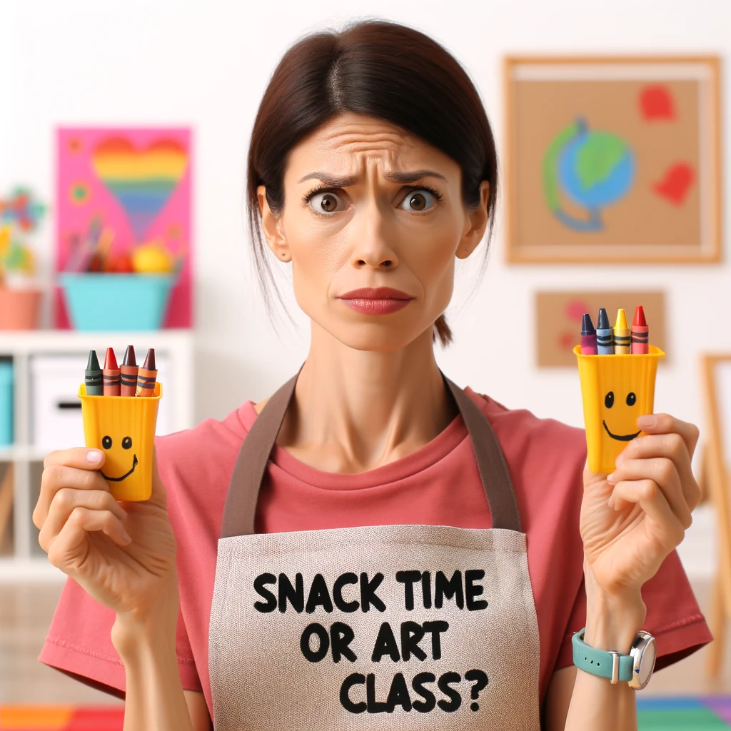 A preschool teacher with a puzzled look, holding two half-eaten crayons, with a caption that reads: "Snack time or art class?" The teacher should appear humorously confused and slightly concerned. The background is a lively preschool environment, filled with art supplies and children's artwork. The focus is on the teacher's expression and the amusing situation of the half-eaten crayons, highlighting the playful and unexpected aspects of working with young children.