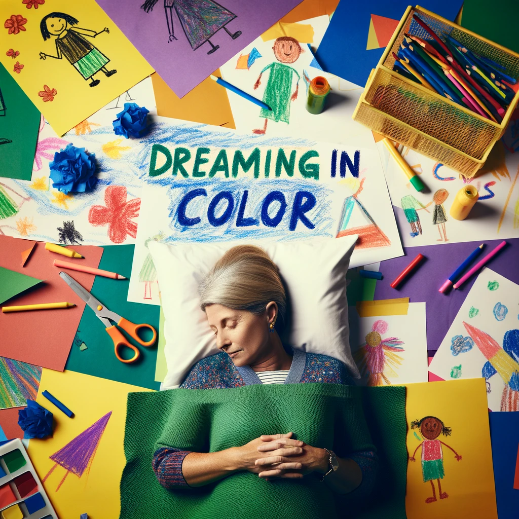 A preschool teacher fast asleep under a blanket of children's drawings and colorful craft paper, with the caption: "Dreaming in color." The teacher is in a peaceful, exhausted slumber, surrounded by a colorful and chaotic classroom environment. The drawings and papers should appear as if they've been gently laid over the teacher, illustrating a day filled with creative activities. This image captures the exhaustion and joy of teaching young children, surrounded by their artistic expressions.