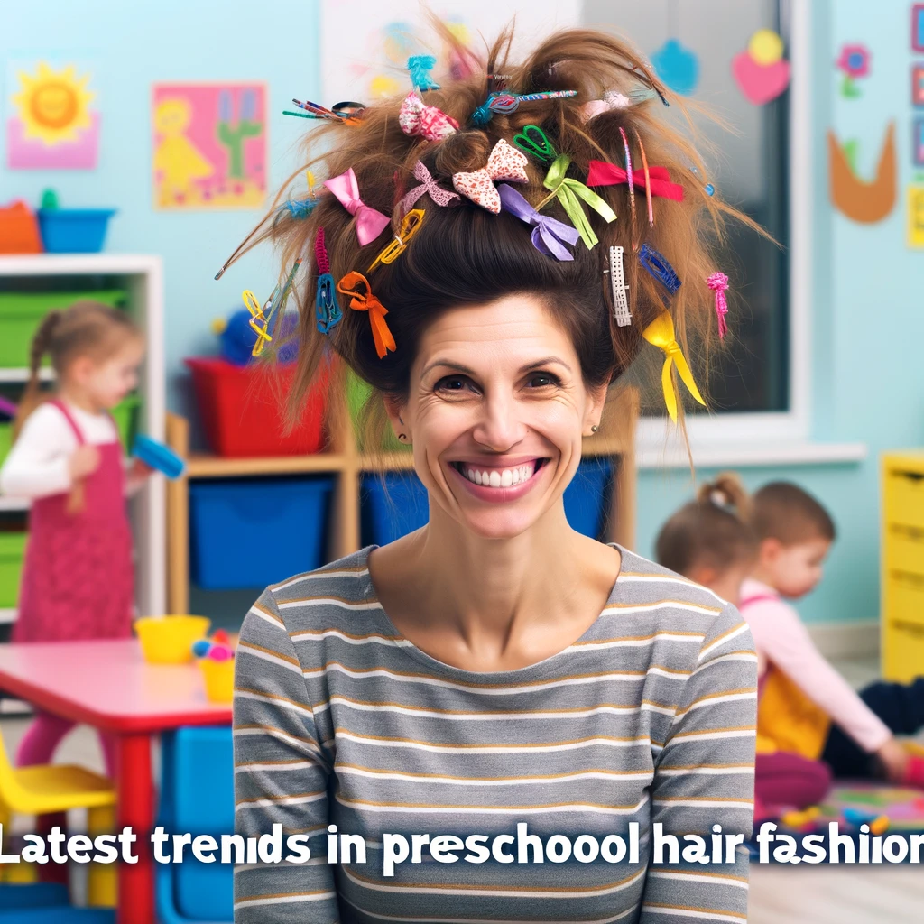 A preschool teacher smiling with a chaotic hairstyle full of barrettes and ribbons, done by the kids. The teacher's expression should be one of amusement and pride. The background is a vibrant preschool classroom, with children playing and colorful decorations. The caption reads: "Latest trends in preschool hair fashion." This image humorously depicts the teacher's willingness to engage in playful activities with the children, showcasing the whimsical and fun aspect of early childhood education.