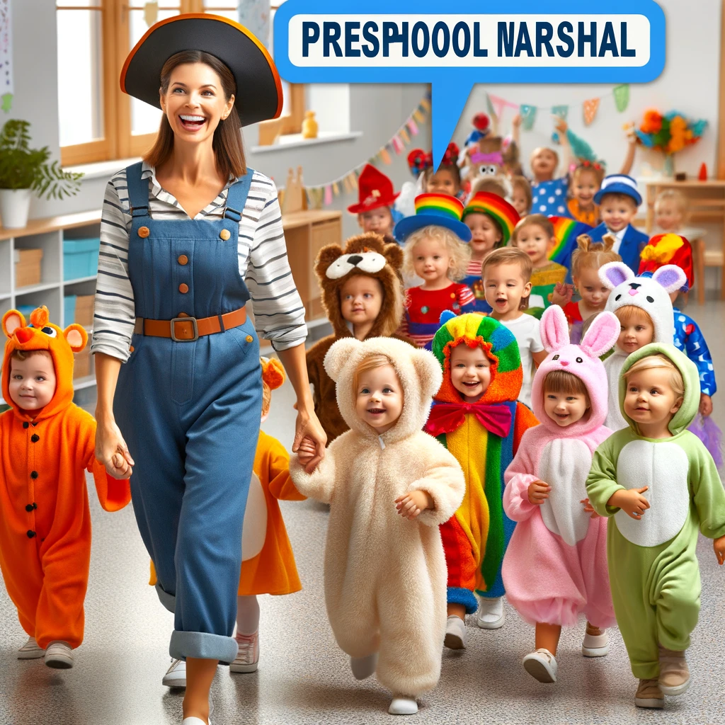 A preschool teacher leading a parade of toddlers in various adorable costumes, captioned: "Preschool parade marshal." The teacher should appear joyful and enthusiastic, leading the group with a sense of fun and pride. The toddlers are dressed in a mix of imaginative and colorful costumes, following the teacher in a playful march. The classroom or playground setting should be lively, filled with decorations and other children watching. This image captures the spirit of play and imagination in preschool activities.