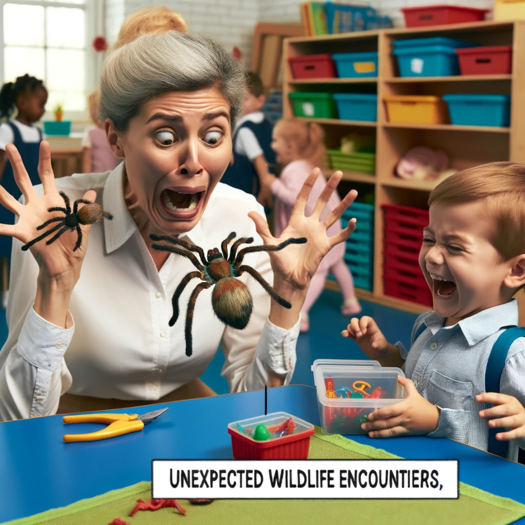 A preschool teacher frozen in a moment of fear as a child plays with a toy spider, with a caption that reads: "Unexpected wildlife encounters." The teacher's expression is one of exaggerated terror, while the child is laughing joyfully. The setting is a cheerful preschool classroom, with other children engaged in play. The scene humorously captures the unpredictable and amusing moments that occur when working with young children, showcasing the teacher's good-natured response to the child's playful antics.