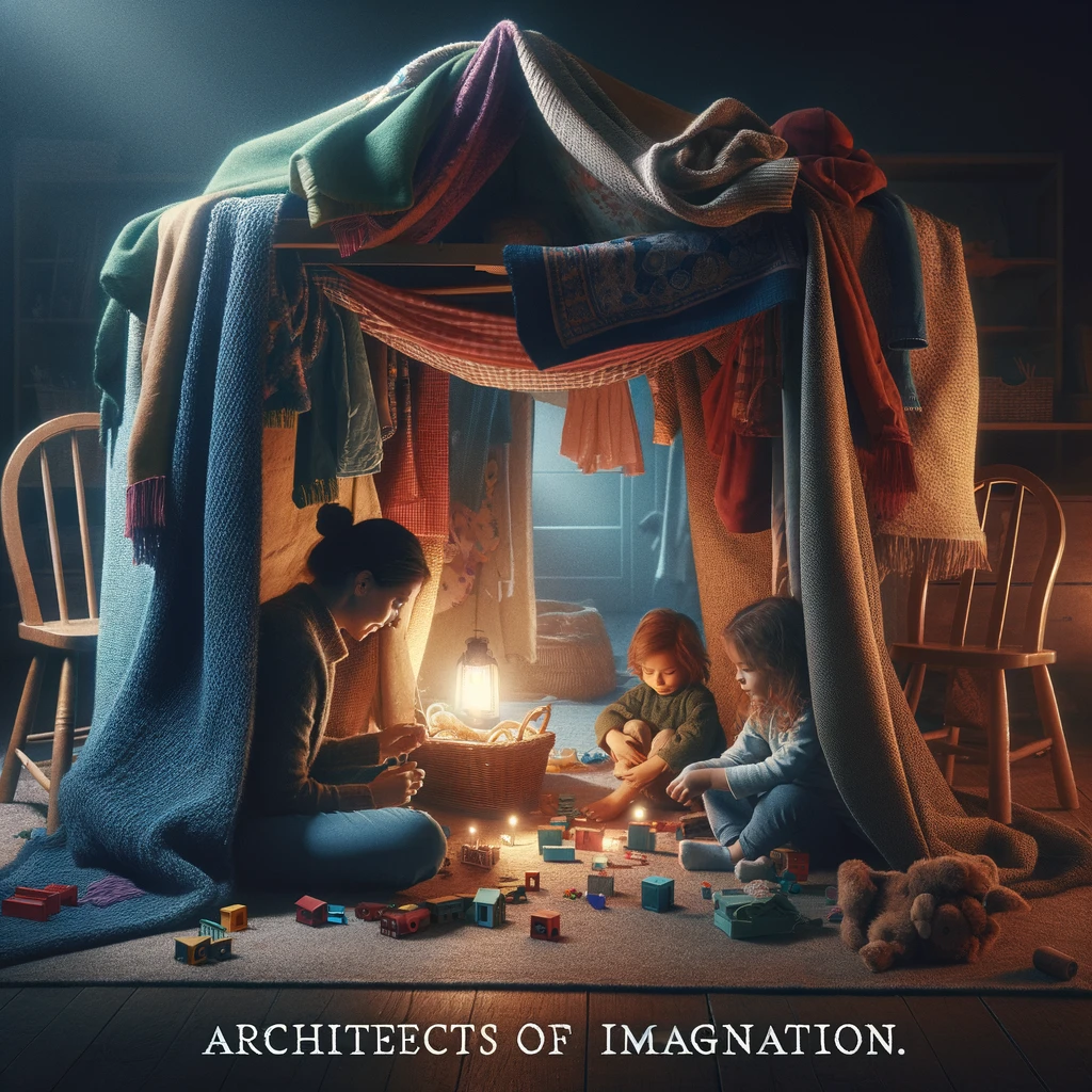 A preschool teacher and children huddled inside a makeshift fort made of blankets and chairs, with the caption: "Architects of imagination." The scene should be cozy and imaginative, showing the teacher and children engaged in playful exploration. The fort is creatively constructed, with colorful blankets and a variety of chairs. The interior is dimly lit, adding to the magical atmosphere. This image captures the joy of imaginative play and the close bond between the teacher and the children in this shared adventure.