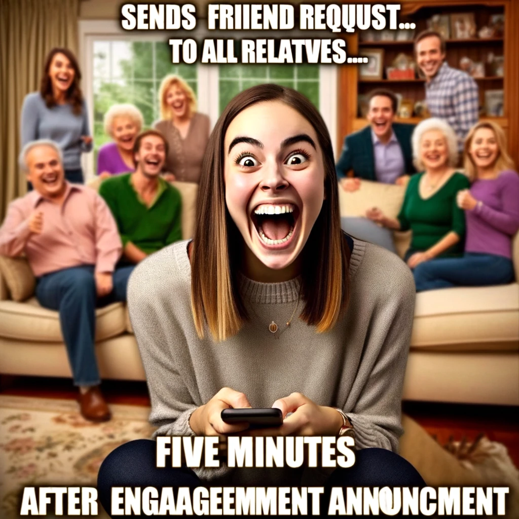 Overly Attached Daughter-in-Law Meme: A young woman smiling overly enthusiastically at a family gathering. The scene includes a living room with family members in the background. The young woman is holding her phone, appearing very excited. Text overlay says, "Sends friend request to all relatives... five minutes after engagement announcement." The style is humorous and relatable, capturing the essence of an exaggeratedly enthusiastic daughter-in-law.