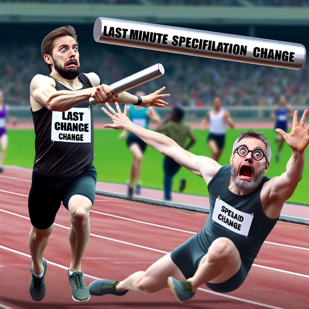 A humorous meme showing a procurement professional in a relay race. The professional is just about to cross the finish line when another person hands them a baton labeled "Last Minute Specification Change." The scene is filled with surprise and frustration, emphasizing the challenges of sudden changes in procurement. The background shows a standard relay race track with a crowd watching, and the procurement professional's expression is one of disbelief and exhaustion.