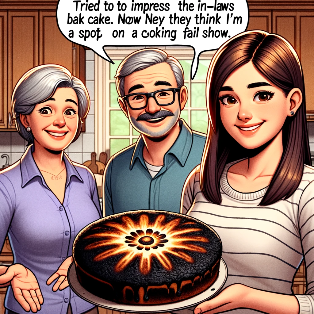Cooking Catastrophe Meme: A daughter-in-law is proudly presenting a burnt cake to her in-laws in a kitchen setting. The in-laws have expressions of polite confusion and concern. The daughter-in-law is smiling, oblivious to the burnt state of the cake. The kitchen is well-equipped, suggesting a home environment. The caption reads, "Tried to impress the in-laws with my baking skills. Now they think I'm competing for a spot on a cooking fail TV show." The image is comical and lighthearted, illustrating a humorous kitchen disaster.
