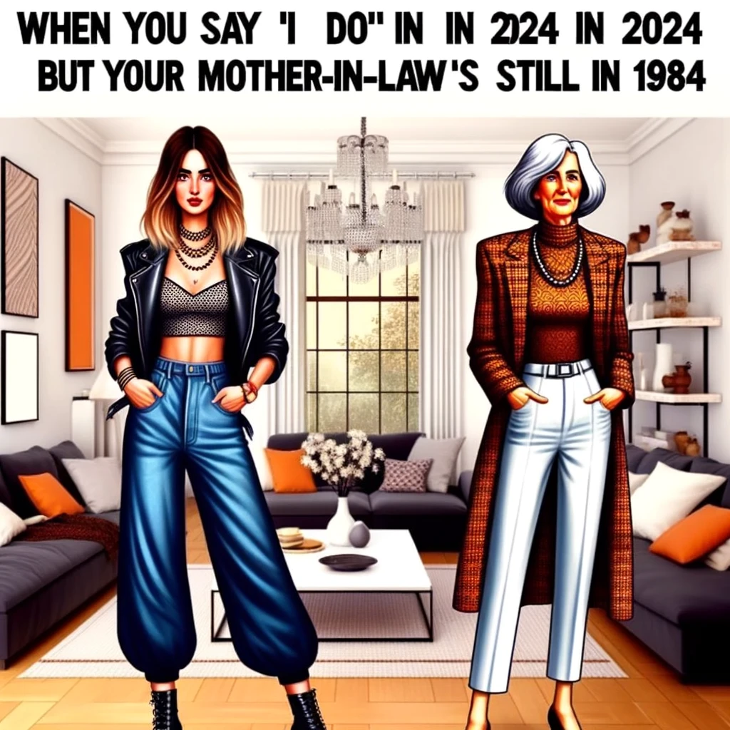Modern Vs. Traditional Meme: This image juxtaposes a trendy, modern daughter-in-law with a traditional mother-in-law. The daughter-in-law is dressed in contemporary, stylish clothing, while the mother-in-law is in more conservative, classic attire. They are standing in a living room that blends modern and traditional decor. The caption reads, "When you say 'I do' in 2024 but your mother-in-law is still in 1984." The scene is humorous, highlighting the contrast in fashion and generational differences.