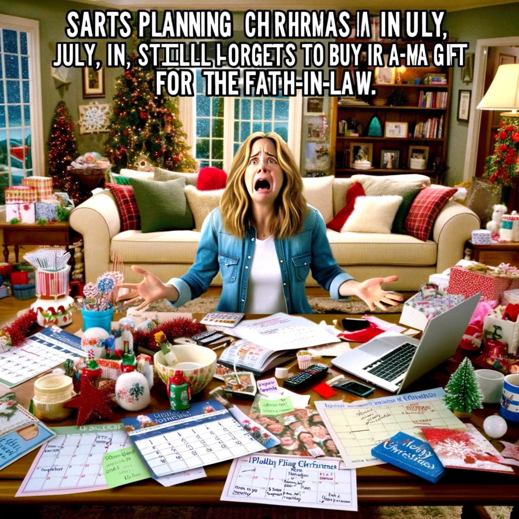 Holiday Planner Daughter-in-Law Meme: The image shows a daughter-in-law surrounded by calendars, party decorations, and a list of tasks, looking slightly overwhelmed but enthusiastic in a living room setting. The room is filled with Christmas decorations, suggesting holiday preparations. The caption reads, "Starts planning Christmas in July, still forgets to buy a gift for the father-in-law." The scene is humorous and relatable, depicting the chaos and fun of holiday planning.
