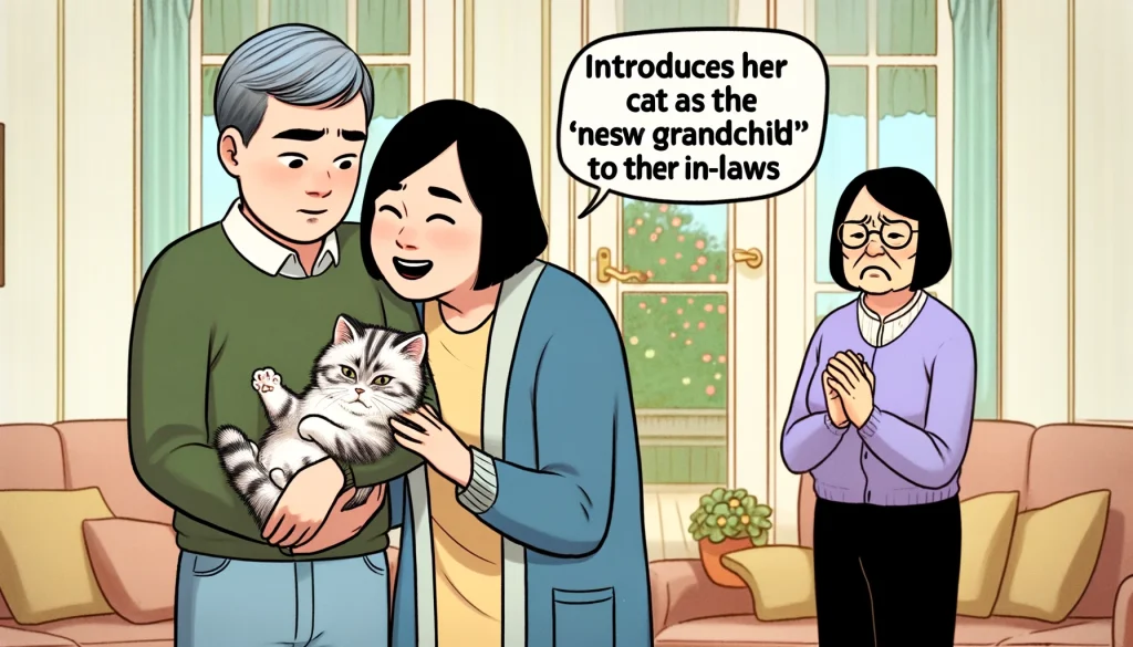 An illustration depicting a meme scene with a daughter-in-law and her in-laws. The daughter-in-law is cuddling a cat affectionately, presenting it to her in-laws. The in-laws are standing in the background with disapproving expressions. The scene has a humorous tone. The text on the image says, 'Introduces her cat as the 'newest grandchild' to the in-laws.' The setting is a cozy living room, and the characters are dressed casually. The daughter-in-law's love for her pet is evident, while the in-laws' bewilderment adds to the humor.