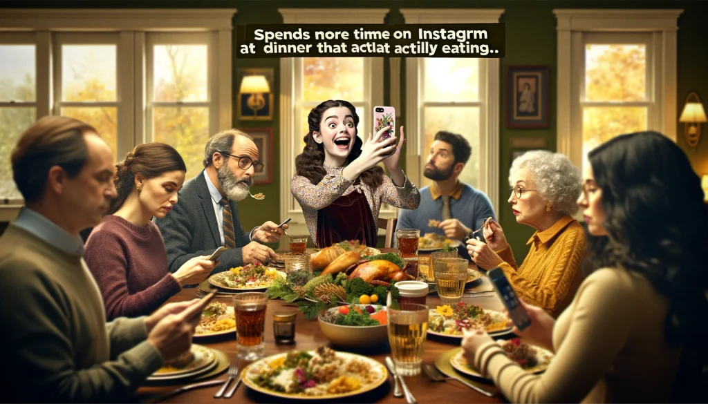 A humorous meme scene depicting a daughter-in-law at a family dinner. She's enthusiastically taking selfies and constantly updating her social media profiles. The family members, including the in-laws, are seated around the dinner table, looking puzzled or annoyed. The daughter-in-law is engrossed in her phone, oblivious to her surroundings. The caption on the image reads, 'Spends more time on Instagram at dinner than actually eating.' The setting is a warm, well-lit dining room, and the characters are dressed in semi-formal attire. The daughter-in-law's preoccupation with her phone contrasts with the traditional family dinner atmosphere.