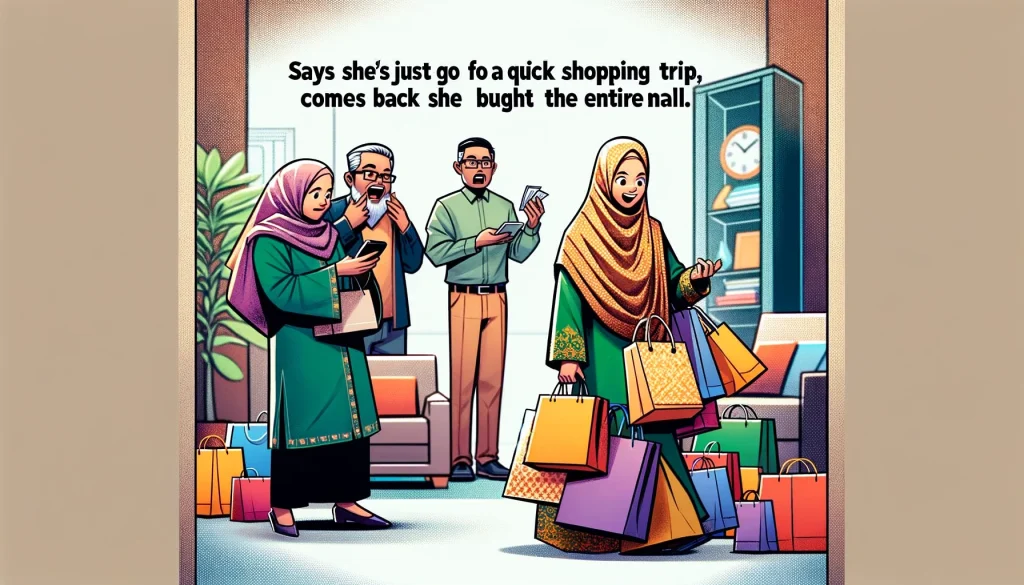 An amusing meme illustration showcasing a daughter-in-law returning from a shopping trip, surrounded by numerous shopping bags. The scene captures her in a living room, with her in-laws looking on in astonishment. The daughter-in-law is stylishly dressed and appears thrilled with her purchases, while the in-laws are overwhelmed by the amount of shopping. The caption on the image reads, 'Says she's just going for a quick shopping trip, comes back like she bought the entire mall.' The setting is a modern living room. The contrast between the daughter-in-law's shopping enthusiasm and the in-laws' shock adds to the humor of the scene.