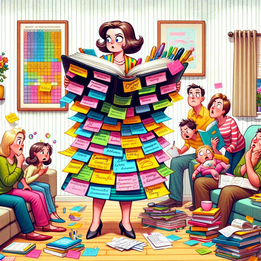 A humorous illustration of a daughter-in-law with a giant planner and color-coded lists, looking like she's meticulously organizing something. She's standing in a living room, surrounded by a group of family members who seem a bit confused or amused. There should be a sense of chaos and over-organization in the scene, with lots of lists, schedules, and notes scattered around. The scene should be colorful and light-hearted, capturing the essence of someone who is extremely organized but perhaps a bit forgetful.