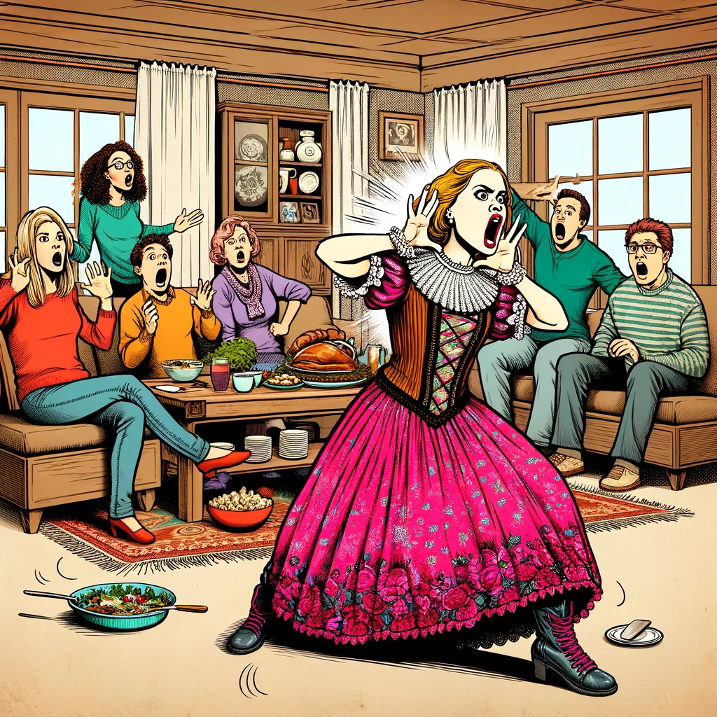 A comical illustration of a daughter-in-law dramatically reacting to a minor family issue, resembling a theater performance. She's in a living room, with family members looking surprised or amused by her overreaction. The daughter-in-law should be striking a dramatic pose, with exaggerated facial expressions and gestures, as if she's on stage. The environment should reflect a typical family gathering setting, with elements of a potluck visible. The scene should be vibrant and humorous, capturing the essence of a 'drama queen' in a family context.