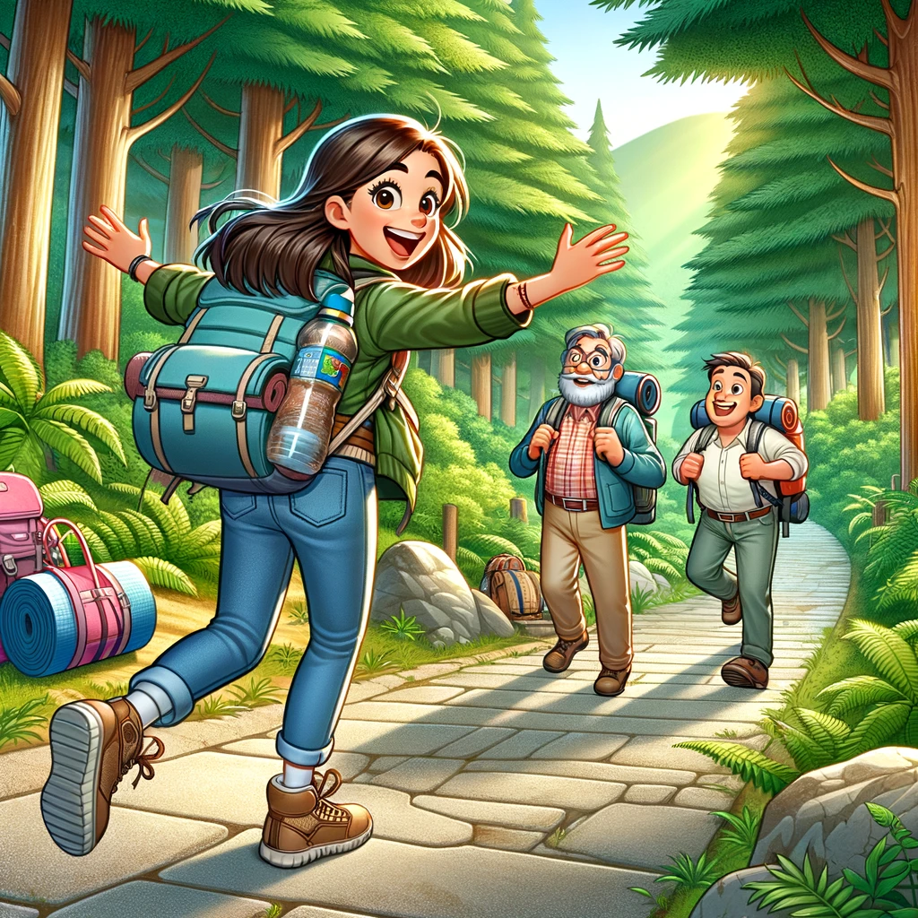 A lighthearted illustration of a daughter-in-law eagerly leading her in-laws on a hiking trip. The scene is set in a beautiful, lush forest with a clear hiking trail. The daughter-in-law should be at the front, dressed in hiking gear, looking excited and energetic. The in-laws are following behind, appearing a bit overwhelmed or tired. The setting should be vibrant and nature-focused, highlighting the wilderness. There should be backpacks, water bottles, and other hiking essentials visible, emphasizing the theme of a nature lover taking the family on an adventurous outing.