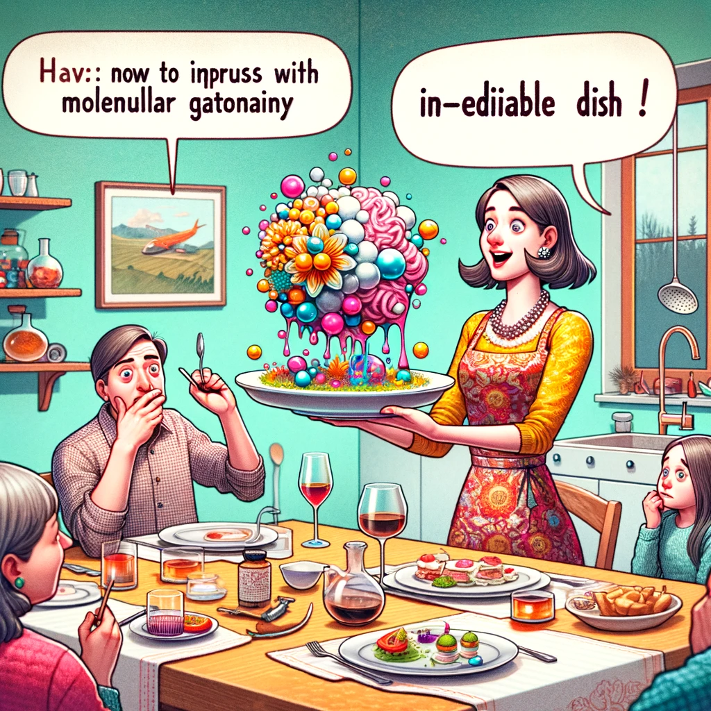 A humorous illustration depicting a daughter-in-law presenting an overly fancy, inedible dish in a kitchen setting. She should appear proud and excited, holding a plate with an abstract, molecular gastronomy creation that looks more artistic than edible. The in-laws should be around the table, looking bewildered or amused, unsure how to react to the dish. The kitchen should have elements of gourmet cooking, like high-end kitchen tools and ingredients. The scene should be colorful and whimsical, capturing the effort to impress with advanced cooking techniques but resulting in a comical outcome.