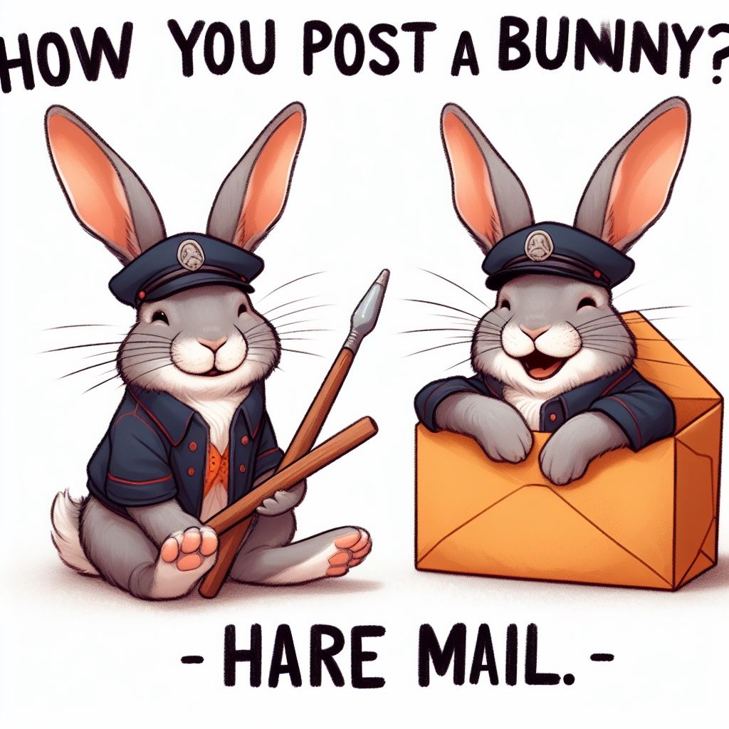 A rabbit pun: How do you post a bunny? Hare mail.