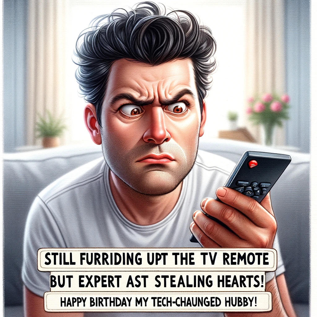 A funny image of a confused man staring at a remote control or a smartphone, embodying a humorous tech-challenged expression. His face shows a mix of bewilderment and curiosity as he looks at the device. The background is a cozy home setting. A caption at the bottom reads, "Still figuring out the TV remote, but expert at stealing hearts. Happy Birthday to my tech-challenged hubby!" The image should be lighthearted and amusing, perfect for a playful birthday wish.