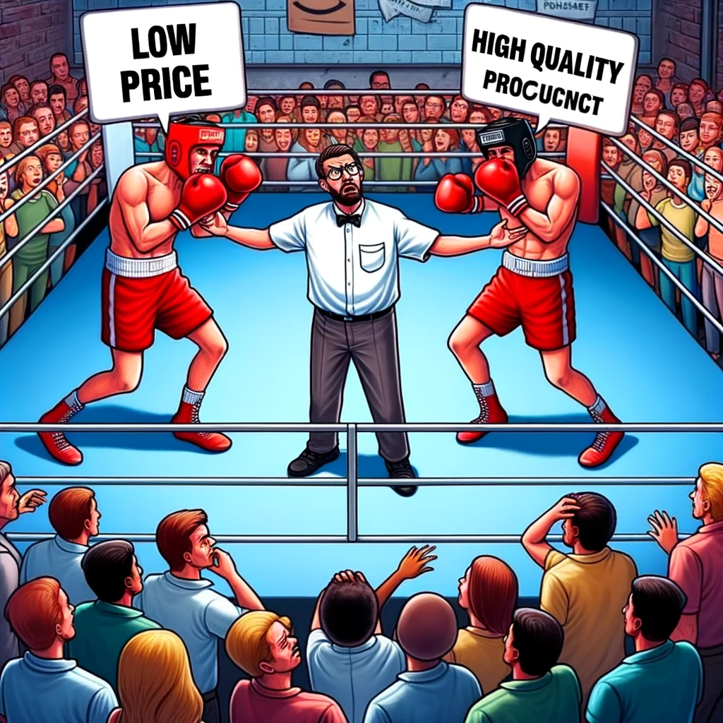 A meme set in a boxing ring showing two boxers fighting, one labeled "Low Price" and the other "High Quality." In the middle, a confused procurement professional acts as the referee. The scene depicts the struggle between choosing low prices and high quality in procurement decisions. The crowd around the ring is animated and engaged, representing different stakeholders in procurement. The procurement professional, dressed in a referee's outfit, looks perplexed and torn between the two fighters.