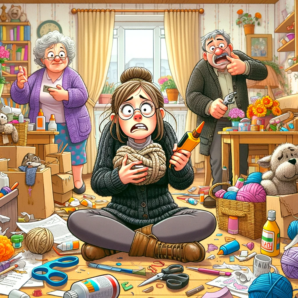 An amusing illustration of a daughter-in-law surrounded by DIY crafts gone wrong in a home setting. She should be in the midst of a chaotic craft project, looking slightly frazzled, with various crafting materials like glue, paper, and fabric spread all around her. Some of the craft projects should be humorous failures, like a lopsided vase or a poorly knitted scarf. The in-laws should be observing the scene, with expressions ranging from amusement to confusion. The setting should be cozy and domestic, filled with crafting supplies and half-finished projects, capturing the comedic side of DIY crafting adventures.