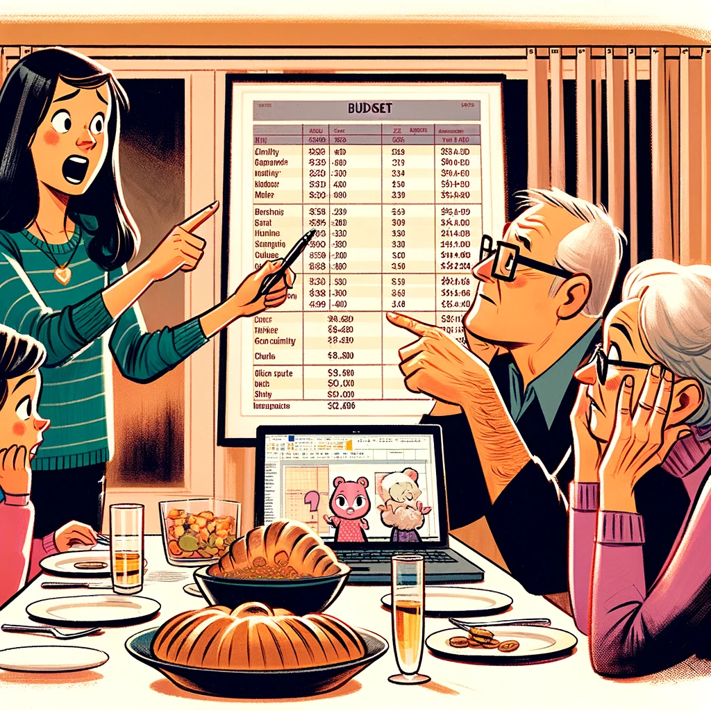 A comical illustration of a daughter-in-law showing a complex budget spreadsheet to her bewildered in-laws during a family dinner. The daughter-in-law should be enthusiastically explaining the spreadsheet, perhaps pointing to it with a pen, while the in-laws look confused or overwhelmed. The setting is a dining room with a family dinner in progress. The budget spreadsheet should be visible on a laptop or large paper on the table, filled with complex financial figures and plans. The scene should be warm and family-oriented, with a humorous twist on the complexities of financial planning in a casual family setting.