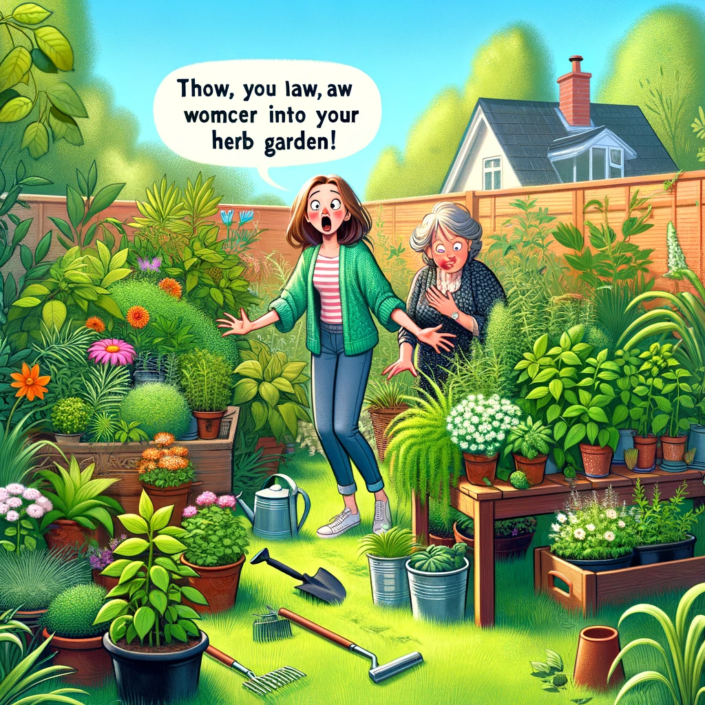 A playful illustration of a daughter-in-law in an overgrown garden, surrounded by a variety of lush plants and flowers. She should appear surprised and slightly overwhelmed by the jungle-like growth of her herb garden. The in-laws are also in the scene, marveling or laughing at the unexpected garden transformation. The setting should be a backyard garden, with plants, gardening tools, and pots scattered around. The scene should be vibrant and green, emphasizing the theme of an enthusiastic gardener whose small project turned into a wild, nature-filled adventure.