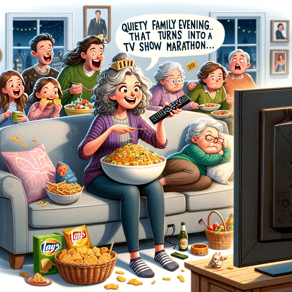A humorous illustration of a daughter-in-law with a TV remote in hand, planning a family evening that turns into a TV show marathon. The scene is set in a cozy living room, with the daughter-in-law sitting comfortably, surrounded by snacks and a remote, looking excited. The in-laws are around her, some engaged and others looking exhausted or asleep, as they endure the long marathon. The room should have a big TV screen showing a scene from a popular TV show. The setting should be relaxed and homely, with a humorous twist on the idea of a 'quiet family evening' turning into an extended TV watching session.