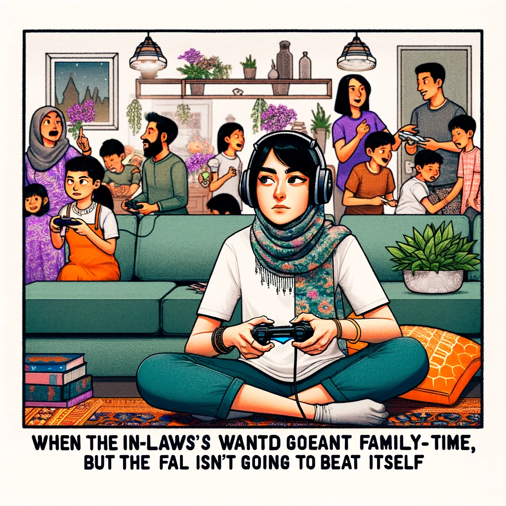 A humorous meme depicting a "Gamer Daughter-in-Law." A young woman is deeply engrossed in playing a video game, sitting in a living room with a game controller in hand, focused intently on the TV screen. Around her, a typical family gathering is in disarray, with people chatting, children playing, and general chaos, yet she remains oblivious to everything except her game. The caption at the bottom reads: "When the in-laws wanted family time, but the final level isn't going to beat itself." The image should have a lighthearted and comedic feel, capturing the contrast between her gaming focus and the chaotic family scene around her.