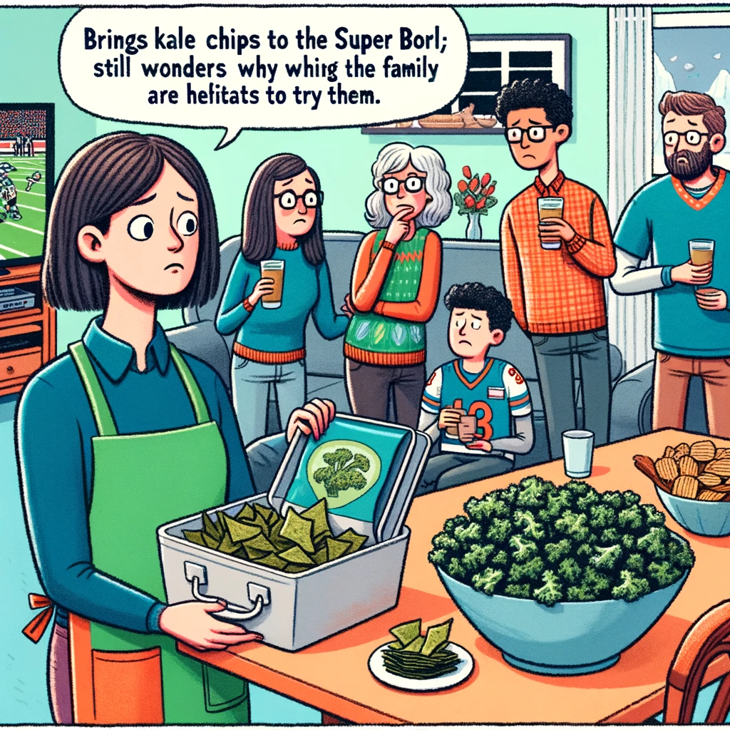 A woman replacing all snacks at a family event with health foods, looking expectantly at the family who are hesitant to try them. The scene shows a table with kale chips and other health snacks. The family members look confused and uncertain. A caption reads: "Brings kale chips to the Super Bowl party; still wonders why the family is hesitant to try them." The setting is a lively family gathering with a football game on the TV in the background.