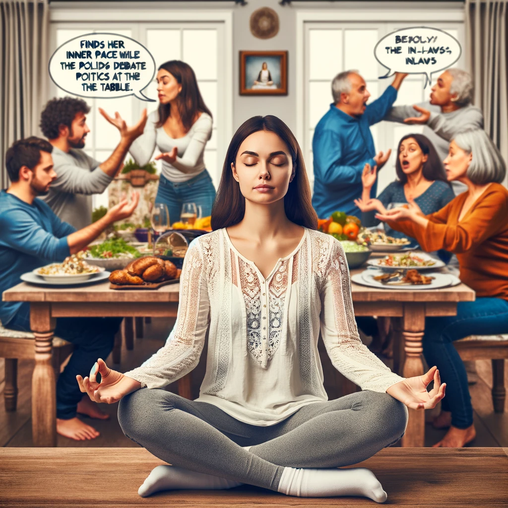 A daughter-in-law meditating calmly amidst a noisy family reunion. The family members are engaged in a heated debate over politics at the dinner table, while she is in a zen pose, eyes closed and peaceful. The scene is chaotic around her, with family members arguing. A caption reads: "Finds her inner peace while the in-laws debate politics at the dinner table." The setting shows a typical family dinner with various dishes and a lively atmosphere.
