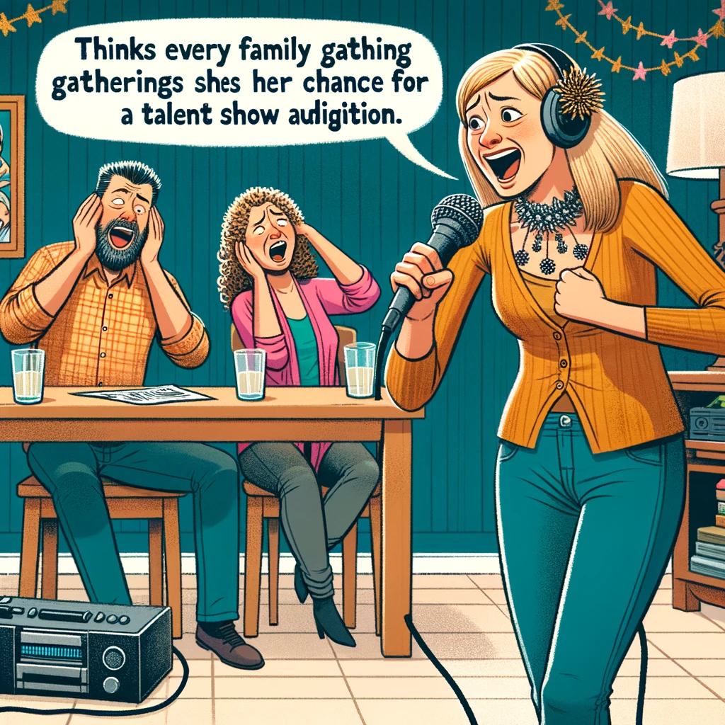 A daughter-in-law enthusiastically singing karaoke at a family gathering. She is holding a microphone and performing with great energy, while her in-laws are covering their ears, looking overwhelmed. The setting is a living room with a karaoke machine and decorations. A caption reads: "Thinks every family gathering is her chance for a talent show audition." The scene shows a mix of amusement and discomfort among the family members, with some smiling and others cringing.