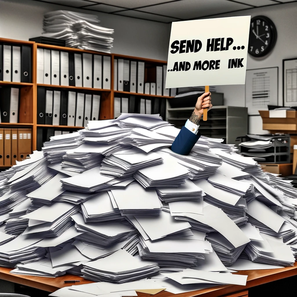 A meme depicting a procurement professional buried under a mountain of paper in an office setting. Only their hand is visible, sticking out from the paper pile, holding a sign that reads "Send Help... and More Ink." The scene is humorous and exaggerated, emphasizing the overwhelming amount of paperwork in procurement, with papers scattered everywhere and the hand desperately reaching out for assistance.