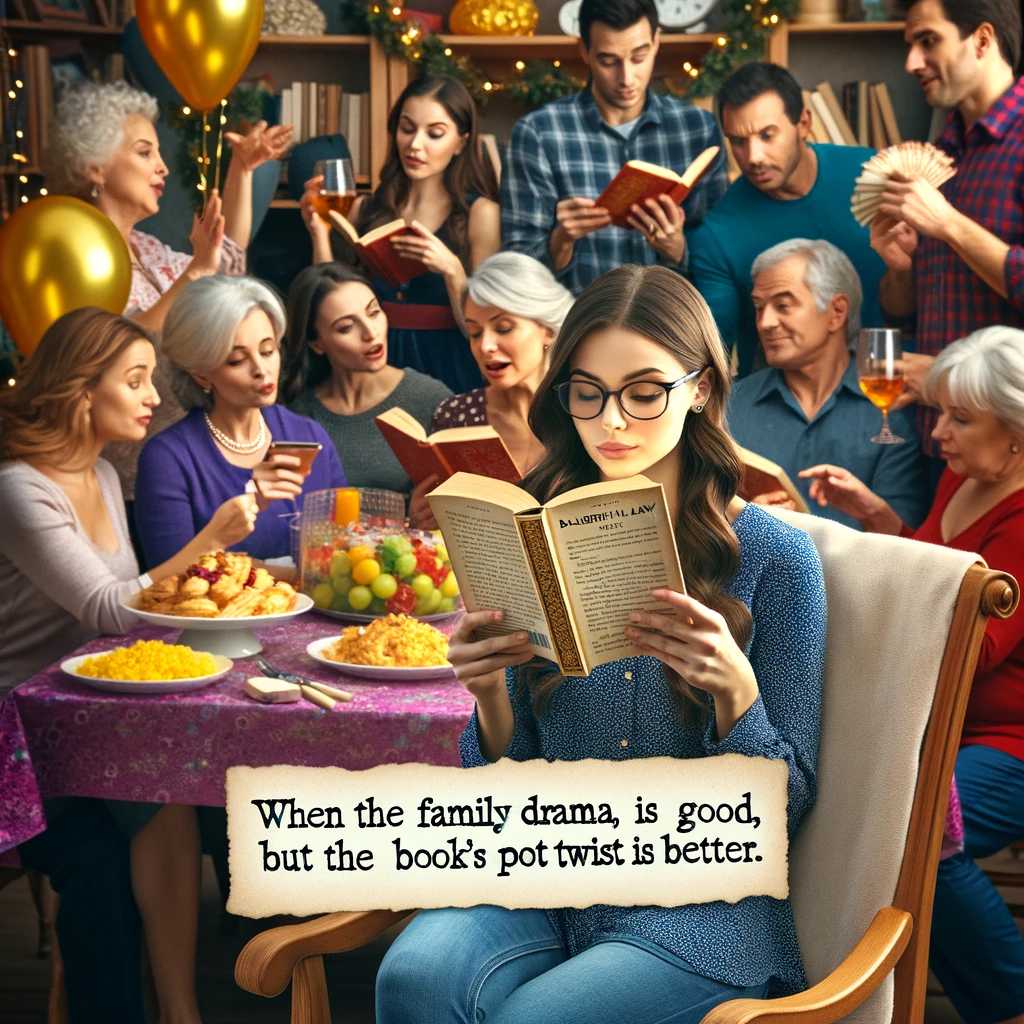 A daughter-in-law reading a book at a family party, completely engrossed and oblivious to the chaos around her. The family members are engaging in animated conversations and activities, while she is sitting quietly, deeply absorbed in her book. The setting is a festive party with balloons and decorations. A caption reads: "When the family drama is good, but the book's plot twist is better." The scene captures the contrast between the lively party atmosphere and her calm, focused demeanor.