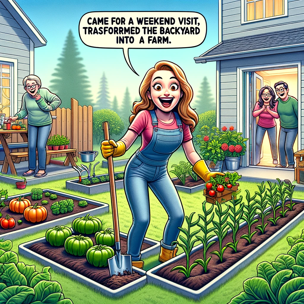 A daughter-in-law enthusiastically turning the entire backyard into a vegetable garden. She is planting various vegetables and tending to the garden, while the in-laws look on in surprise from the back porch. The scene shows a once-ordinary backyard now filled with rows of vegetable plants and gardening tools. A caption reads: "Came for a weekend visit, transformed the backyard into a farm." The setting captures the drastic transformation of the backyard into a lush garden, with the daughter-in-law's happy and determined demeanor.