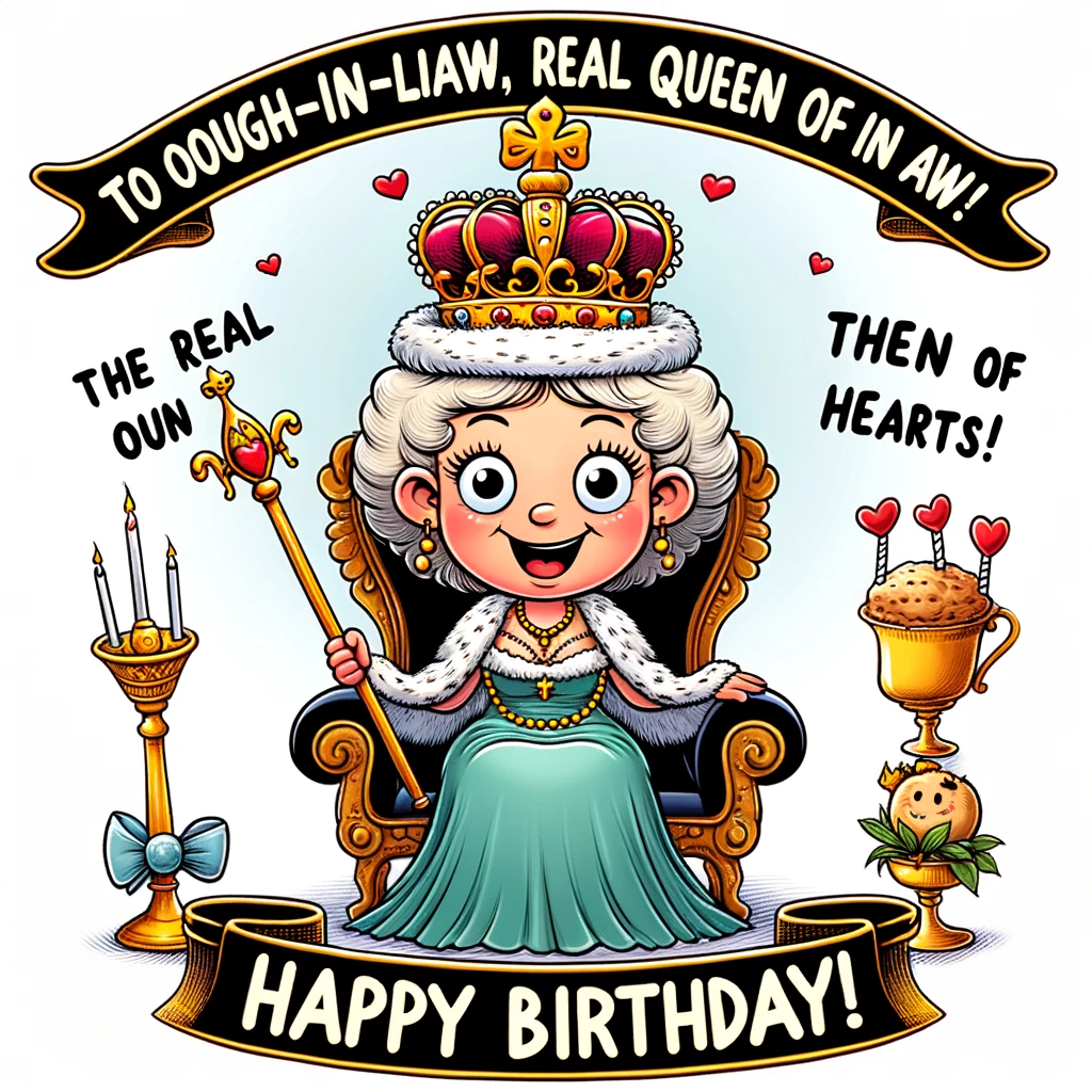 A cartoon queen with a comical crown and scepter, sitting on a throne. A banner above reads, “To our Daughter-in-Law, the Real Queen of our Hearts! Happy Birthday!”