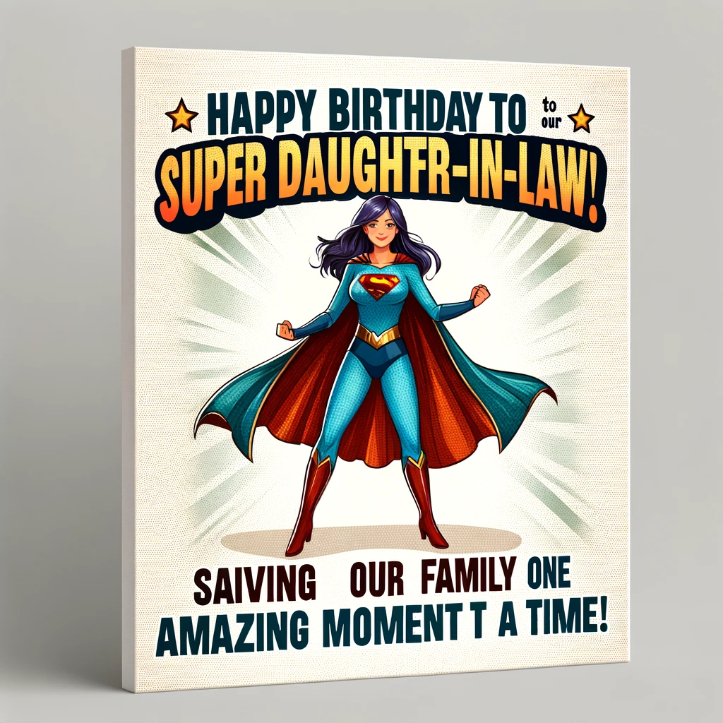 An illustration of a female superhero, wearing a cape and striking a powerful pose. The text says, “Happy Birthday to our Super Daughter-in-Law! Saving our family one amazing moment at a time!”