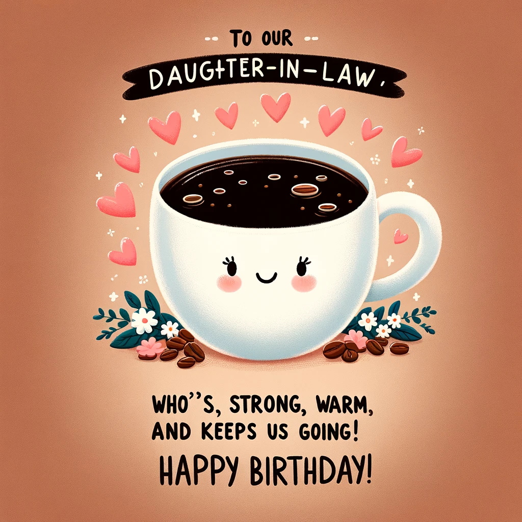 A cute image of a giant coffee mug filled with coffee, surrounded by hearts. The caption reads, “To our Daughter-in-Law, who's like coffee: Strong, warm, and keeps us going! Happy Birthday!”