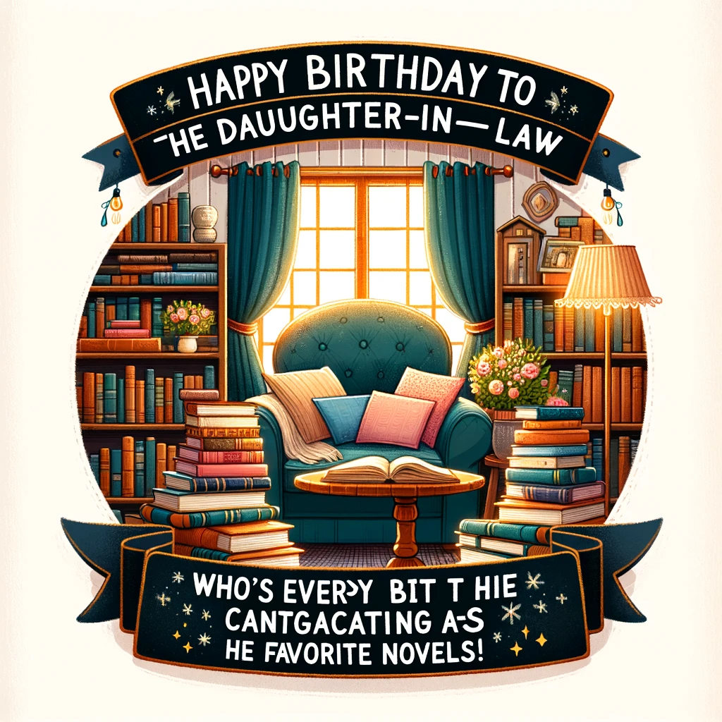 An image of a cozy reading nook with piles of books around. A banner across the top says, “Happy Birthday to the Daughter-in-Law who's every bit as captivating as her favorite novels!”