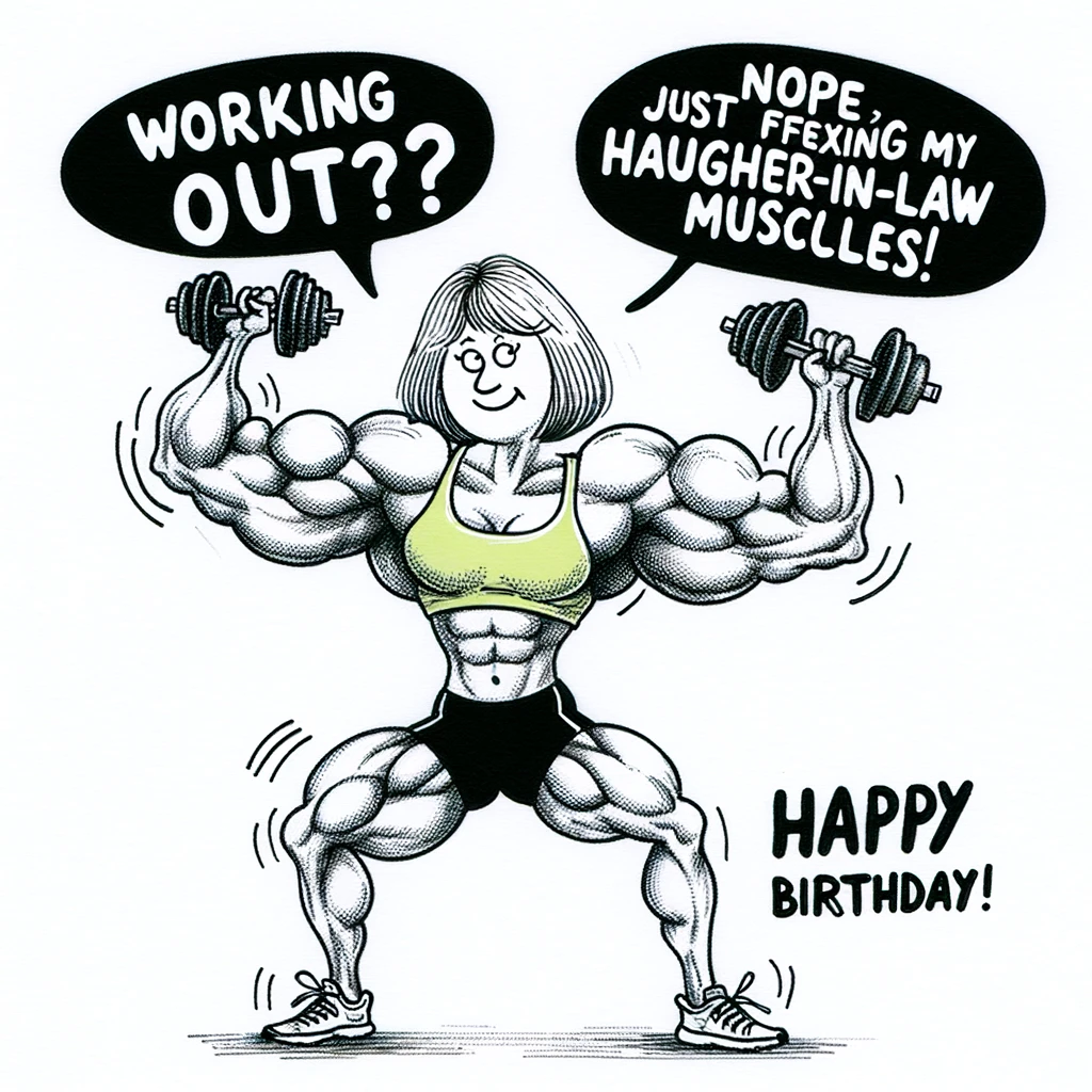 A humorous drawing of a woman in workout gear lifting weights, with exaggerated muscles. The text bubbles say, “Working out? Nope, just flexing my Daughter-in-Law muscles! Happy Birthday!”