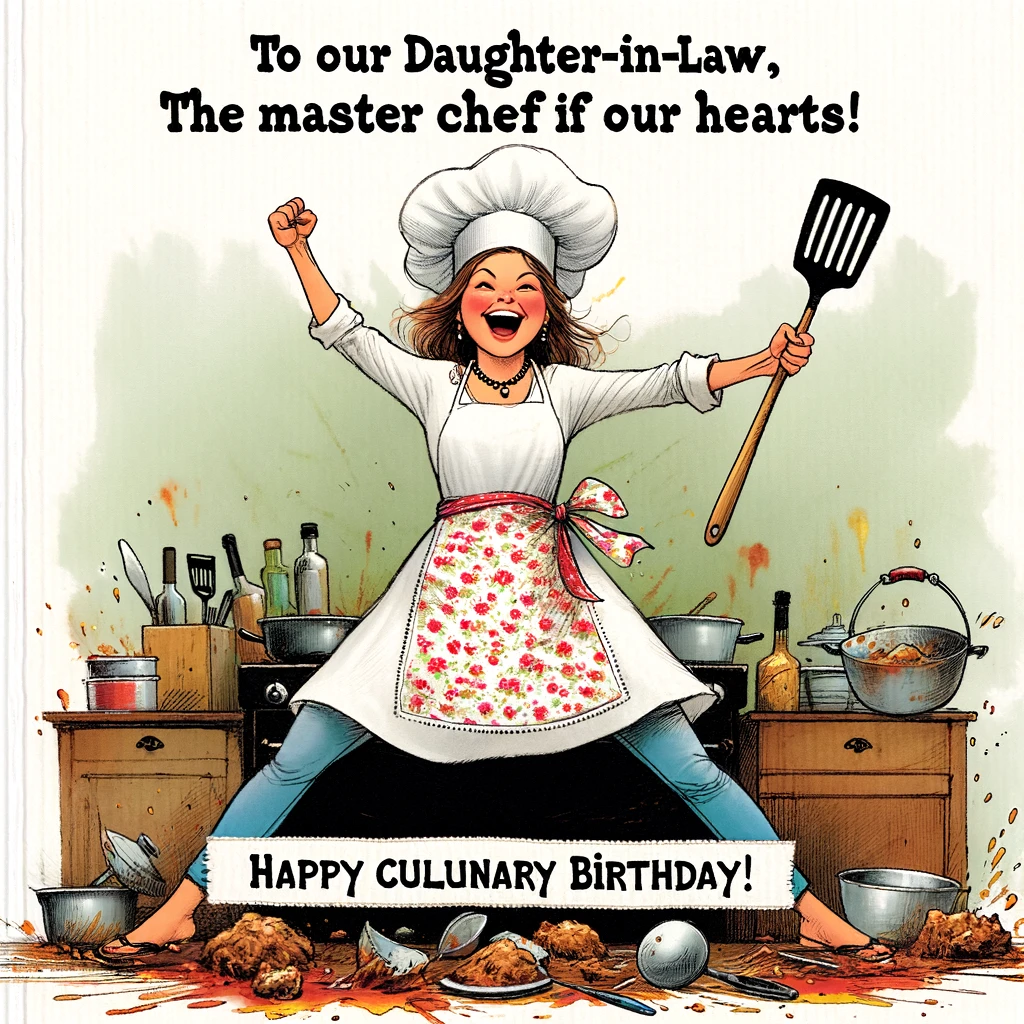 A playful depiction of a woman wearing a chef's hat and apron, standing triumphantly in a kitchen mess, holding a spatula. The caption: “To our Daughter-in-Law, the Master Chef of our Hearts! Happy Culinary Birthday!”